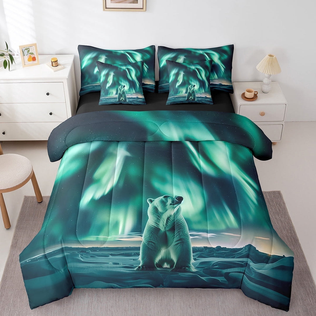 Polar Bear Bedding Set Queen Size,Gradient Green Aurora Comforter Set Teens,Safari Animal Bed in a Bag(Comforter,Sheets,Pillowcases &amp; Cushion Covers)7 Pieces Bed Set