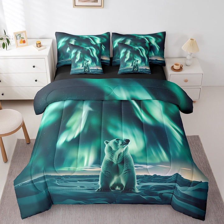 Polar Bear Bedding Set Queen Size,Gradient Green Aurora Comforter Set Teens,Safari Animal Bed in a Bag(Comforter,Sheets,Pillowcases &amp; Cushion Covers)7 Pieces Bed Set