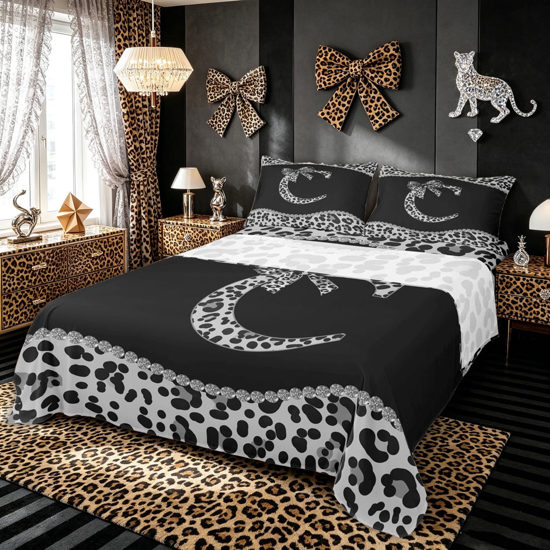 Meiyoeat Chic Bling Leopard Print Bow King Sheets for Female Kids, Black White Bowknot C Letter Bed Sheets, 4 Pieces