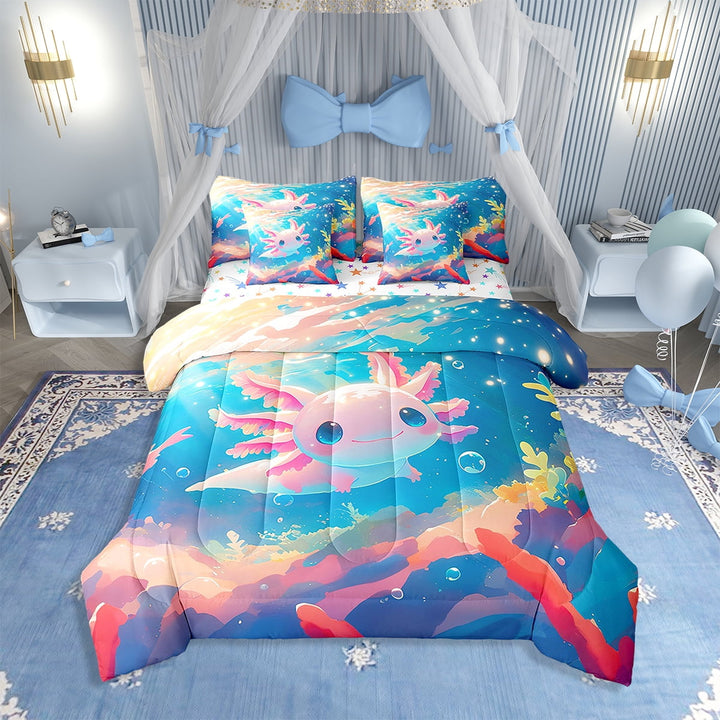 Erosebridal 7 Piece Cute Axolotl Bed in a Bag Twin Cute Animal Sheet Set Sea Animal Bedding Comforter Pink Salamander Cushion Covers