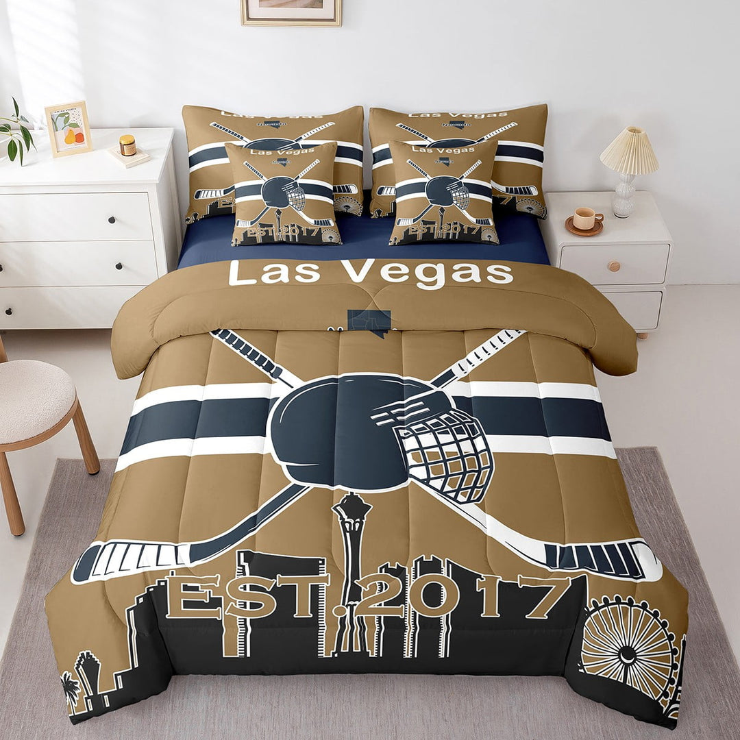 Hockey Bedding 7PCS Twin Size Comforter Sets Winter Sports Bedding Sets Ice Hockey Comforter Set Ice Hockey Reversible Bed Sets with Sheet Set Bedroom Decor,Las Vegas