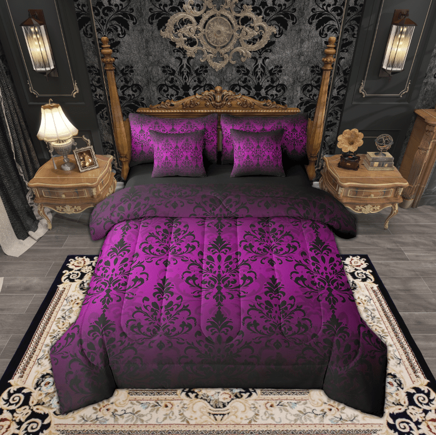 Erosebridal Vintage Damask Bedding King Size 7pcs, Boho Vintage Flower Comforter Sets with Sheets, Purple, Lightweight