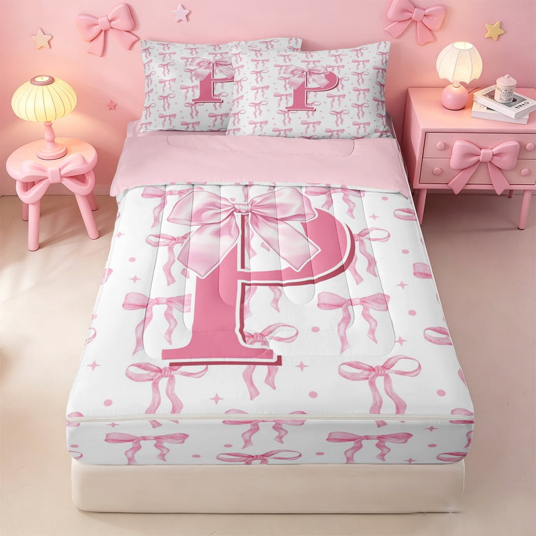 meiyoeat Pink Ribbon Bowknot Zipper Twin Comforter Sets with Fitted Sheet and 2 Pillowcases For Bow Lovers,Girls Personalized Monogrammed P Gifts Zipper Bedding Set Kids,pink Reversible,4 Pieces