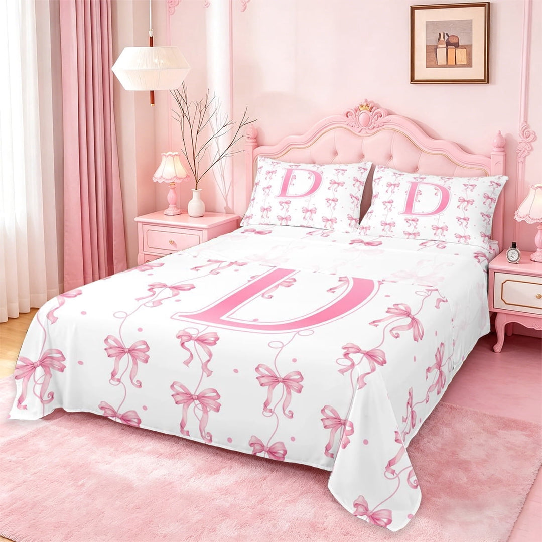 Manfei Cute Coquette Bow Full Size Sheets For Girl,Letter D Monogrammed Bed Sheets For Kids,4 Pieces