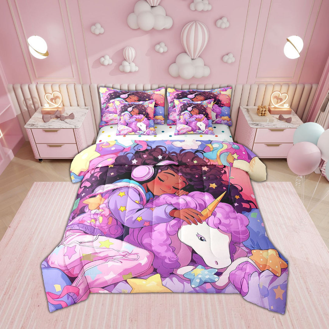 Afro Hair Girl Bed in a Bag Queen Comforter Set 7 Piece,Unicorn Cute Afro Melanin Princess Bedding Sets Cartoon Horse American Black Girls Sheet Set with Comforter