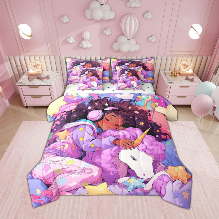 Afro Hair Girl Bed in a Bag Queen Comforter Set 7 Piece,Unicorn Cute Afro Melanin Princess Bedding Sets Cartoon Horse American Black Girls Sheet Set with Comforter