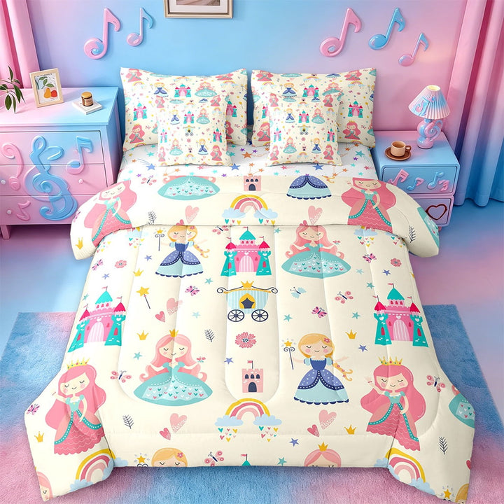 Erosebridal Kawaii Princess Bedding Sets Twin Size,Cartoon Girl Comforter Sets with Sheets,Castle Rainbow Print Bed in a Bag Twin Size For Girls,Microfiber Bedroom Decoration Reversible,7-Piece