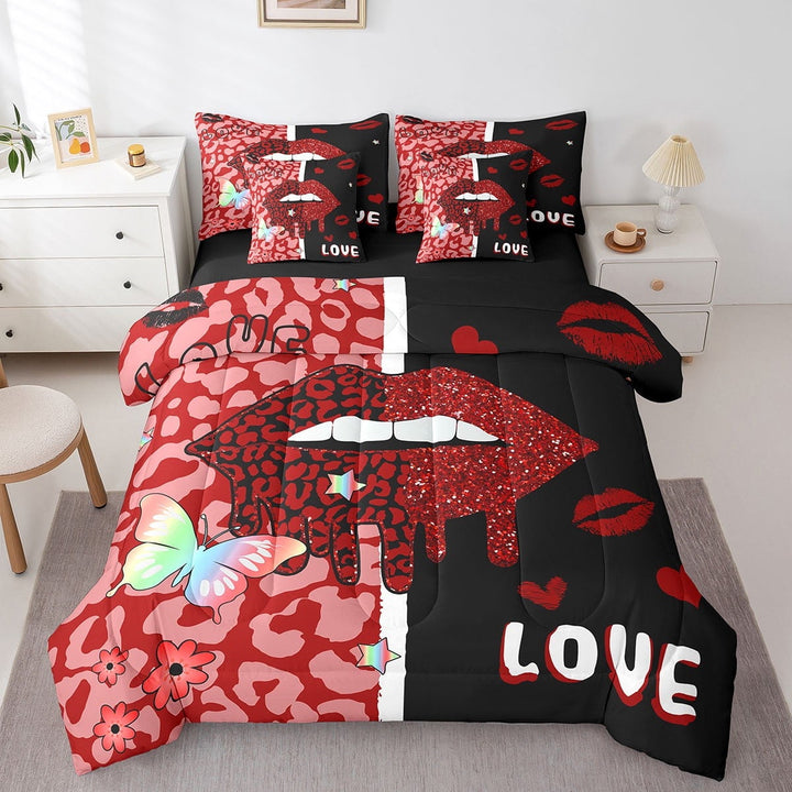 Leopard Lip Print Bedding Set 7 Piece Red Black Love Full Comforter Set For Women,Hip Hop Floral Butterfly Bed In A Bag Valentine&
