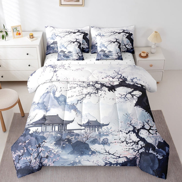 Erosebridal Floral Sakura Bedding Queen Size,Japanese Style Bedding Sets Queen Size,Cherry Blossoms Comforter Sets with Sheets,Super Cozy Flower Room Decor,Reversible,7 Pieces