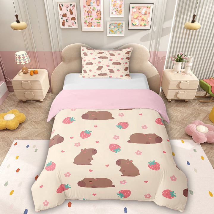 Erosebridal Cartoon Capybara Twin Bedding for Kids, Kawaii Strawberry Stars Duvet Cover Set, Pink Reversible, 1 Duvet Cover and 1 Pillowcase (No Comforter)