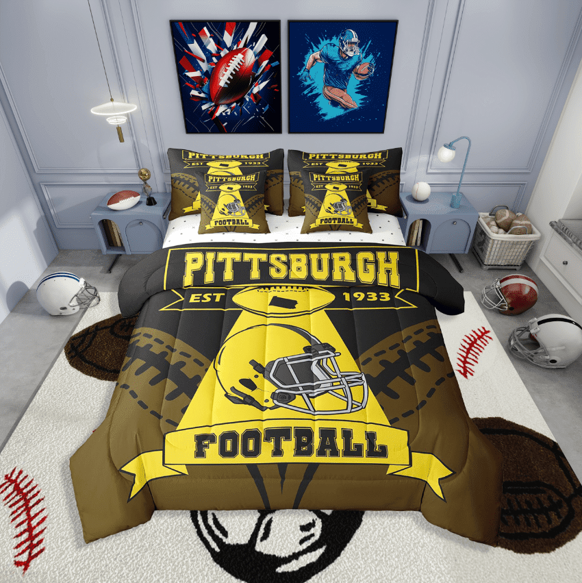 Erosebridal Rugby Bedding Sets Twin Size,Geometry Sport Comforter Sets with Sheets,Football Gaming Decor,Reversible,Breathable,7-Piece