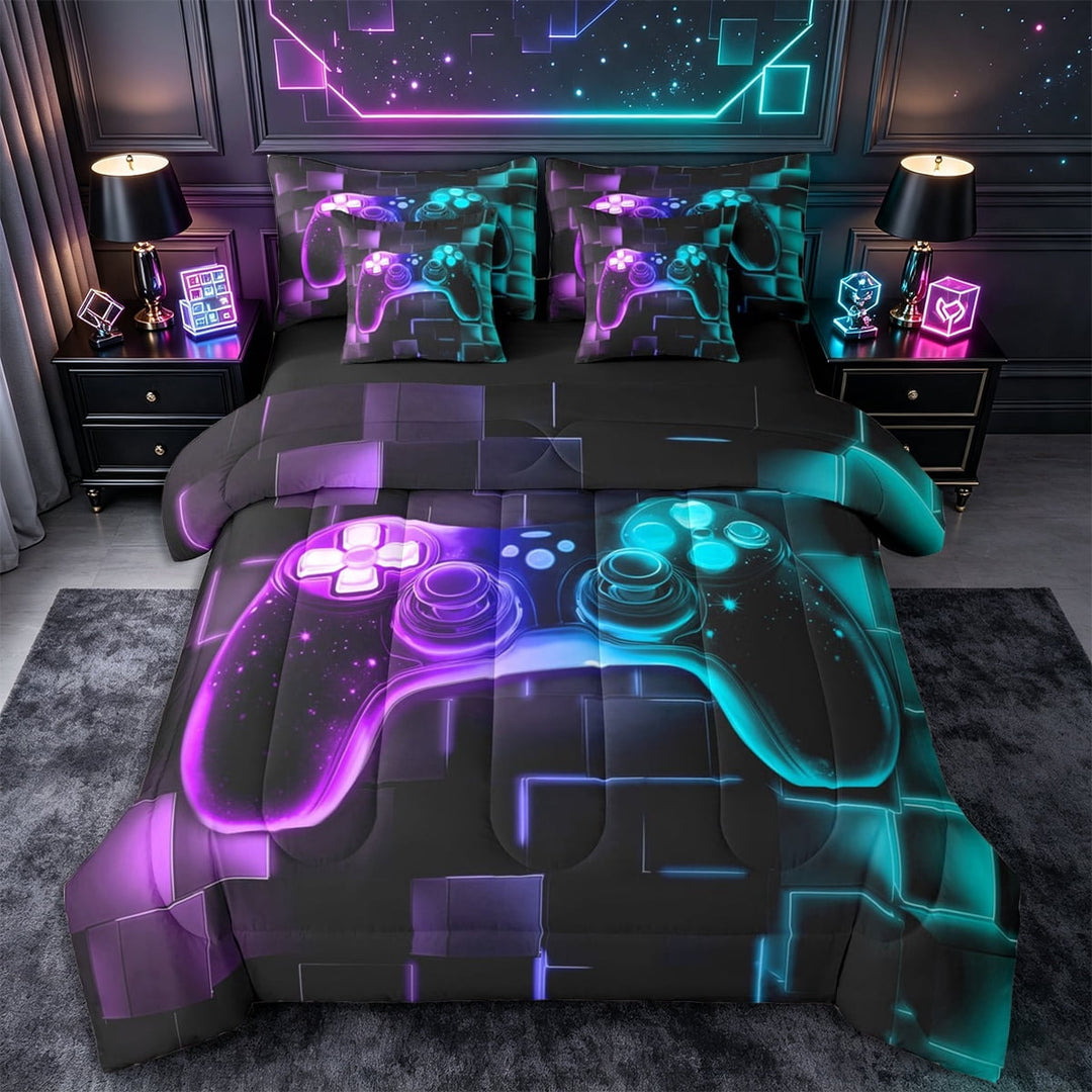 Erosebridal 7Pcs Gamer Comforter Set King for Boys,Gaming Bedding Comforter Set,Video Games Gamepad Bed In A Bag Neon Glowing Square Geometric Grid Blue Purple Bed Sets with Comforter and Sheets