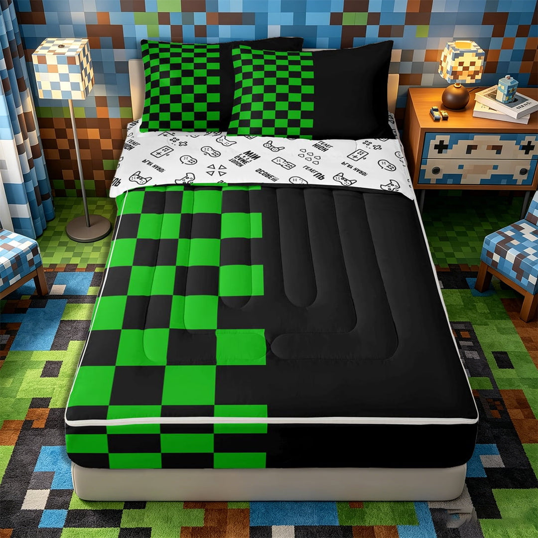 Meiyoeat Vibrant Checkerboard Pattern Zipper Full Size Comforter Sets with Fitted Sheet and 2 Pillowcases, Retro Chess Print Zipper Bedding Set for Dorm, Green Black,4pcs