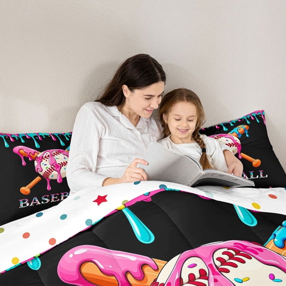 Meiyoeat Sport Baseball Full Size Comforter Sets 3-Piece,Ice Cream Drip Bedding Comforter Set,Pink Blue Black,Reversible,1 Comforter and 2 Pillowcases,1 Comforter and 2 Pillowcases