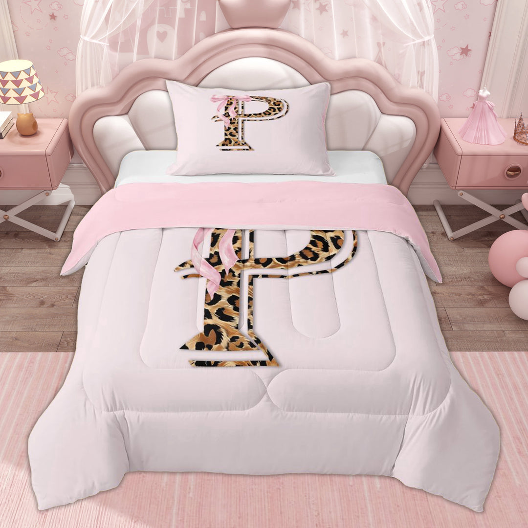 Erosebridal Kids Pink Bow Initial P Twin Comforter Sets, Modern Leopard Print Bedding Set, 2-Piece