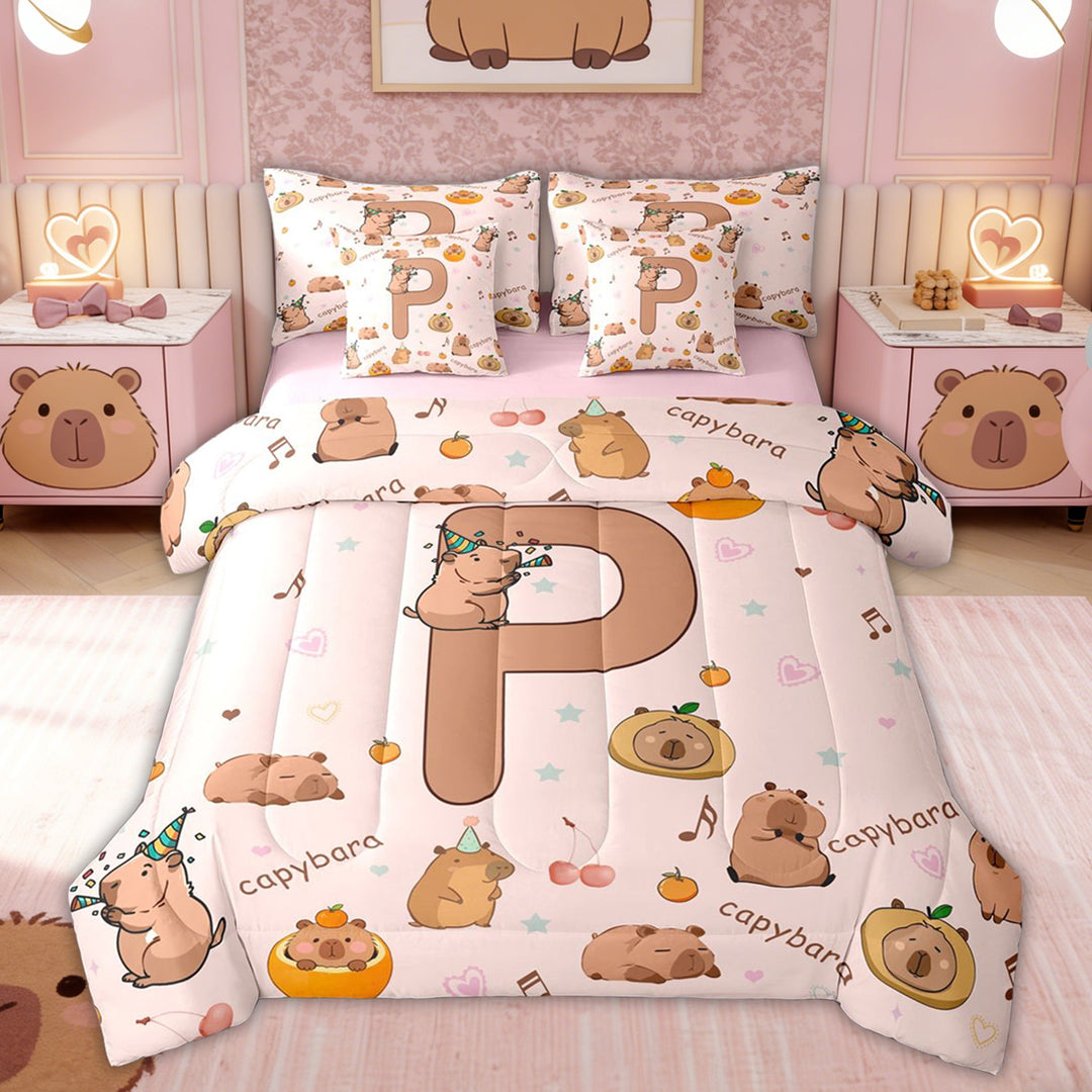 Erosebridal Monogrammed P Kids Twin Bedding Sets, Capybara Animals Bedding Comforter Set, Pink Reversible, 7 Pieces