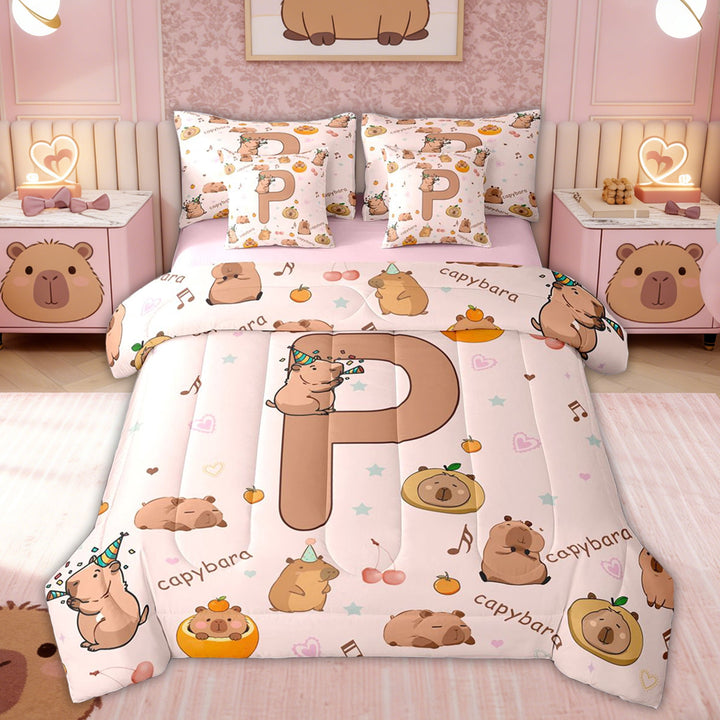 Erosebridal Monogrammed P Kids Twin Bedding Sets, Capybara Animals Bedding Comforter Set, Pink Reversible, 7 Pieces