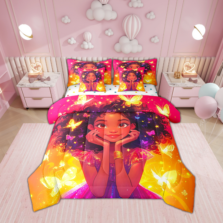 Afro Comforter Set 7 Piece Bed in a Bag Twin,Glitter Butterfly American African Princess Bedding Sets Black Hair Sheet Set with Comforter