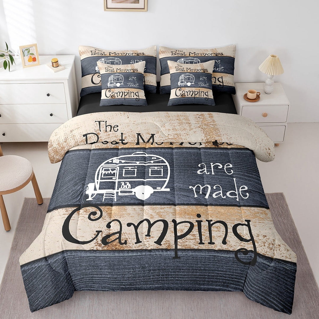 Erosebridal Cartoon Car Bedding Sets Twin Size,Happy Camping Comforter Sets with Sheets,Lodge Cabin Bed in a Bag Twin size,Breathable Boys Bedroom Decor,Reversible,7pcs