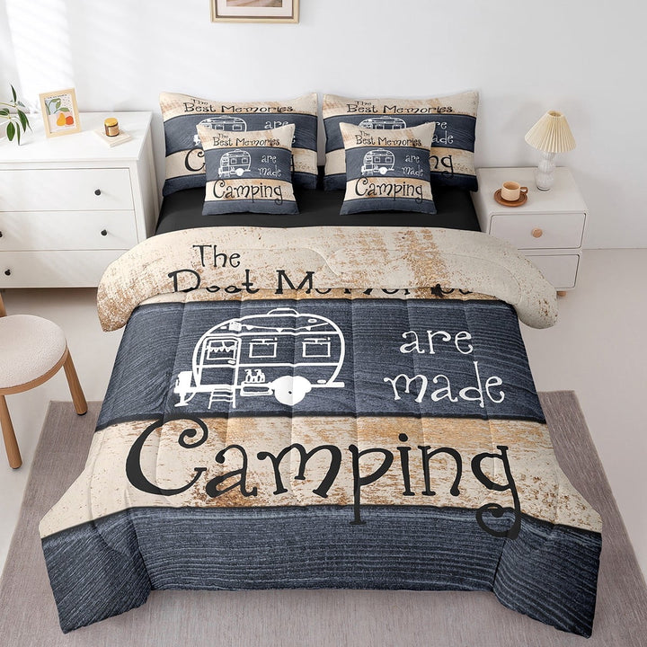 Erosebridal Cartoon Car Bedding Sets Twin Size,Happy Camping Comforter Sets with Sheets,Lodge Cabin Bed in a Bag Twin size,Breathable Boys Bedroom Decor,Reversible,7pcs