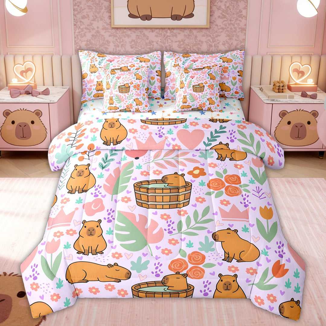 Erosebridal Capybara Lover Kid Twin Bedding Sets, Palm Leaf Flower Bedding Comforter Set, 7pcs
