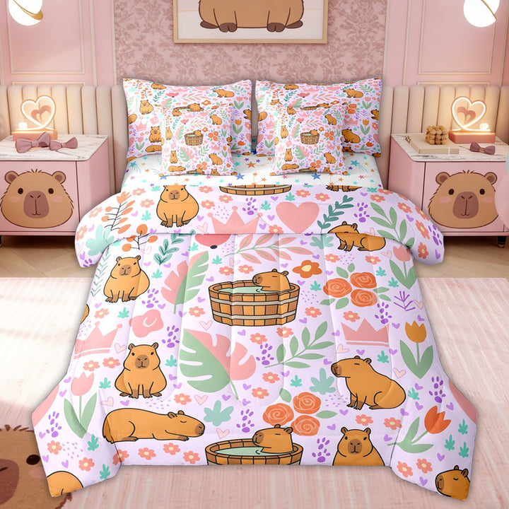 Erosebridal Capybara Lover Kid Twin Bedding Sets, Palm Leaf Flower Bedding Comforter Set, 7pcs