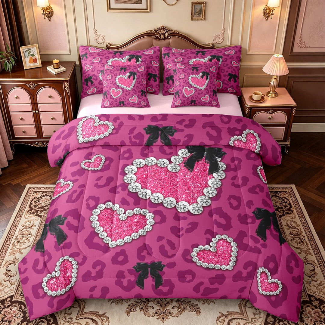 Manfei Cartoon Loves Pattern 7 Pieces Full Size Bedding Sets,Pink Leopard Print Full Size Bed in a Bag,Pink Reversible