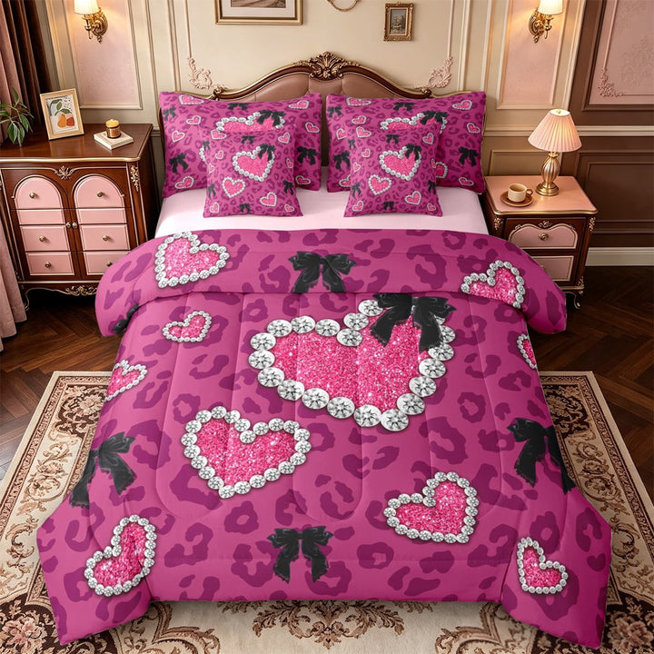 Manfei Cartoon Loves Pattern 7 Pieces Full Size Bedding Sets,Pink Leopard Print Full Size Bed in a Bag,Pink Reversible