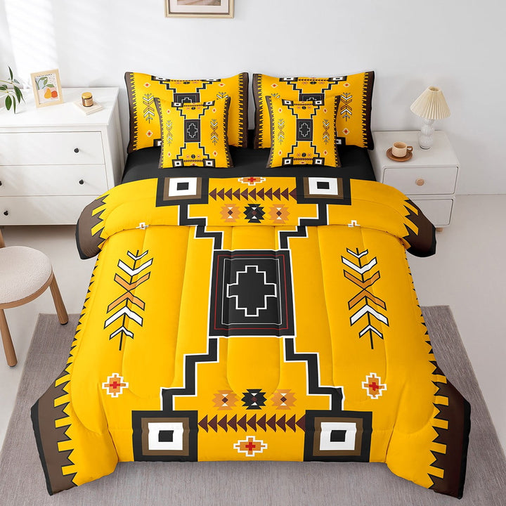 Erosebridal Tribal Aztec Bedding Sets Twin Size,Black and Gold Comforter Sets with Sheets,Geometry Room Decor,7-Piece