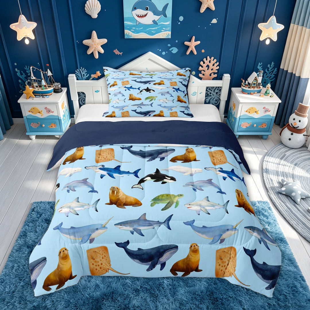 meiyoeat Watercolor Marine Animal Full Size Comforter Sets for Boys Girls, Dolphin Sea Turtle Shark Whale Ocean Bedding Comforter Set, Blue, Blue Reversible, 3-Piece, 1 Comforter and 2 Pillowcases