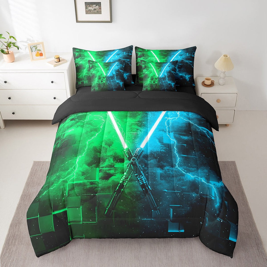Erosebridal Teens Lightning Bedding Twin Size, Square Geometry Bed in a Bag Twin size, Blue Green, Reversible 7 Pieces