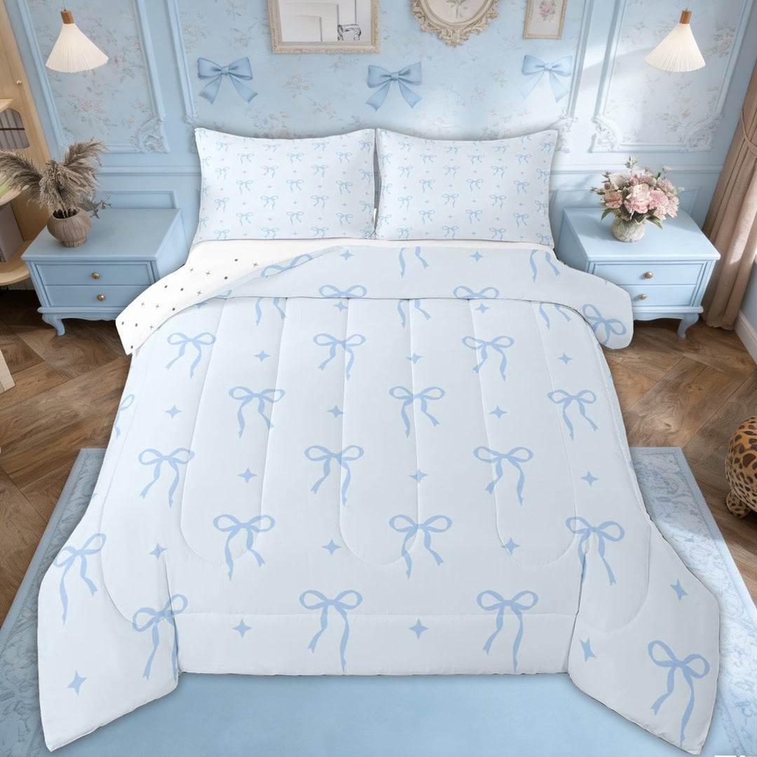 Erosebridal Blue Bow-tie Kids Queen Comforter Set, Princess Ribbon Stars Bedding Comforter Set, 3 Pieces