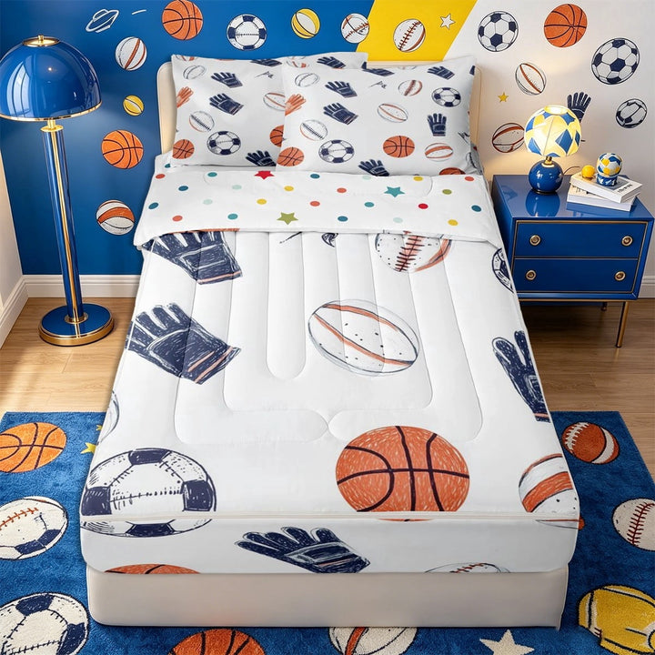 Meiyoeat Multi-Sport Balls Zipper Twin Comforter Sets with Fitted Sheet and 2 Pillowcases,Hand-Drawn Gloves Zipper Bedding Set,Blue Orange White,Reversible