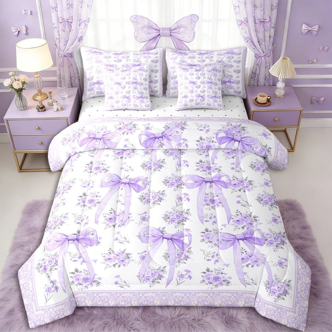 Erosebridal Teens Romantic Roses Bowtie Bedding Comforter Set 7 Pieces,Girls Purple Floral Bow Knot Full Bedding Set,Microfiber Bedroom Decor