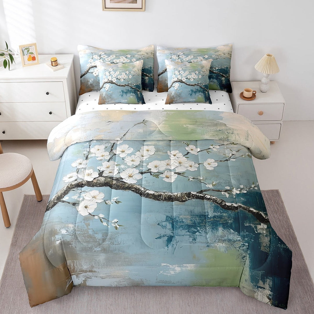 Erosebridal Cherry Blossoms Comforter Set with Sheets Twin Size Floral Botanical Bed in a Bag Set Teens Branches 7 Pieces Bedding Set Light Blue Bed Set Room Decor