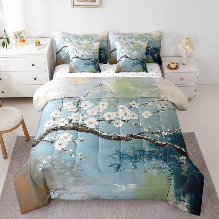 Erosebridal Cherry Blossoms Comforter Set with Sheets Twin Size Floral Botanical Bed in a Bag Set Teens Branches 7 Pieces Bedding Set Light Blue Bed Set Room Decor