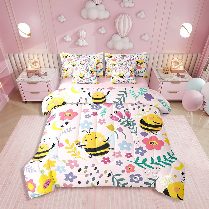 7 Pieces Bed in a Bag Twin Comforter Set with Sheets,Floral Honeybee Design Bedding Sets for All Season (1 Comforter, 2 Pillow Shams, 1 Flat Sheet, 1 Fitted Sheet, 2 Pillowcases)