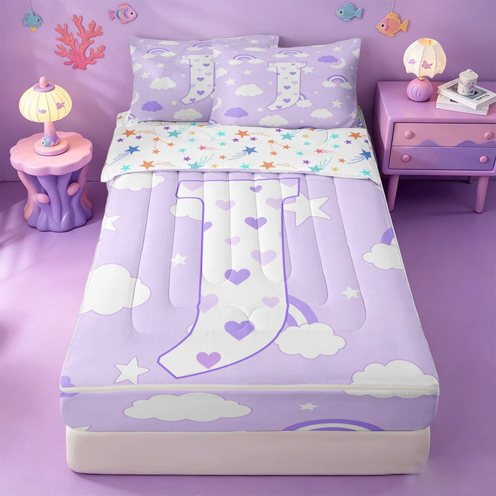 meiyoeat 3D Cartoon Heart Print Zipper Twin Comforter Sets with Fitted Sheet and 2 PillowcasesPurple Initial Alphabet J Zipper Bedding Set For Girl,Colorful Stars Reversible,4 Pieces