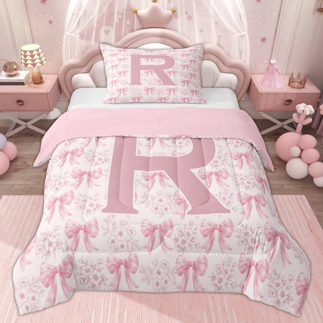 Erosebridal Bowknot R Letter Kid Twin Comforter Sets, Pink Cherry Blossoms Bedding Set, 2pcs