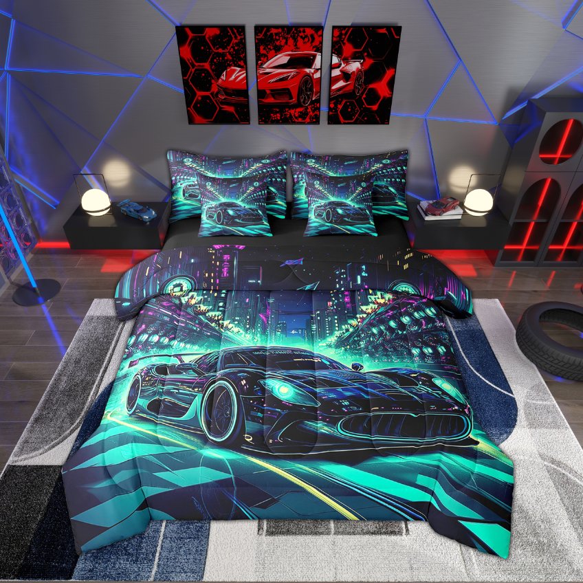 Race Car 7 Piece Bed In A Bag Twin Car Racing Games Bedding Set Teen Teal Blue Sports Car Comforter Set With Sheets Cool Neon Gaming City Building Bed Set Room Decor