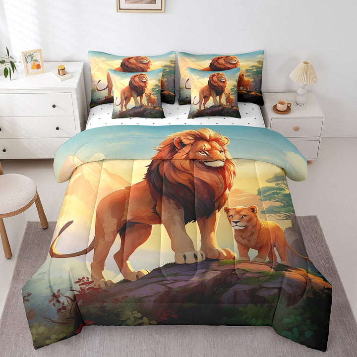 7 Piece Lion Comforter Set Twin with Sheets,Wild Safari Animals Bed in a Bag Jungle Decor for Home,Wildlife Animal Print Bedding Set with Fitted Sheet,Flat Sheet,Pillowcases &amp; Shams