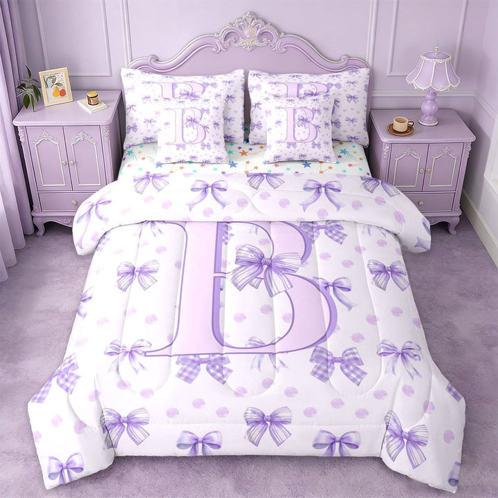 Erosebridal Cute Polka Dots 7 Pieces Bedding Comforter Set For Kids,Coquette Bowknot Print Letter B Monogram Full Bedding Set,Colorful Stars Reversible