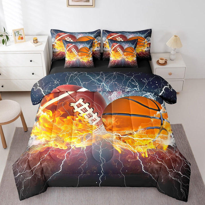 Erosebridal Basketball Queen Comforter Set 7pcs Football Soccer Bedding Comforter Sets, Ice and Fire Lightning Bed in a Bag Sport Theme Bedding Set, Ball Gamer Bed Sheets Set
