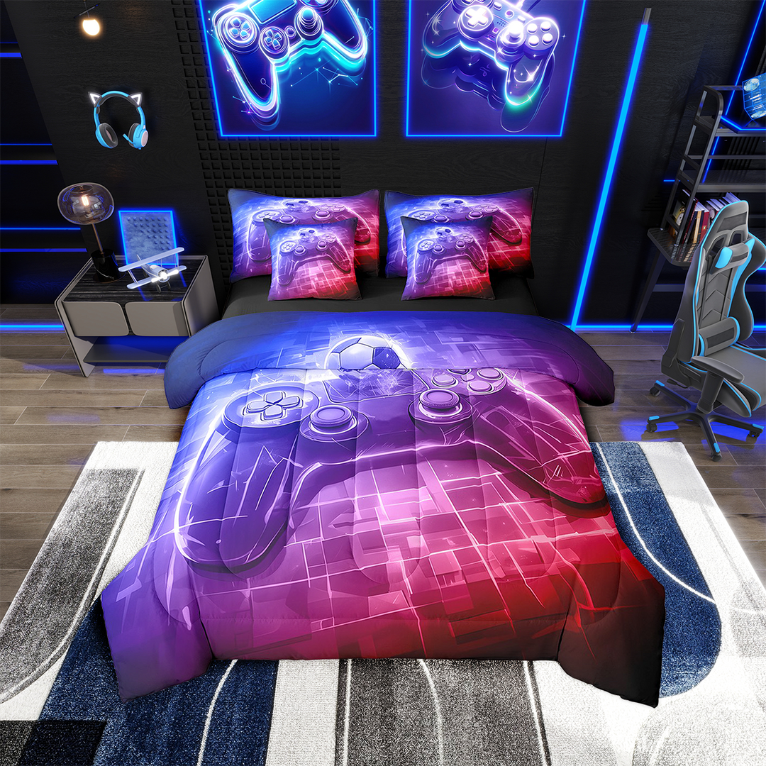 Erosebridal Gradient Teens Game Bedding Sets Twin Size,Buffalo Plaid Comforter Sets with Sheets,Geometry Room Decor,7-Piece