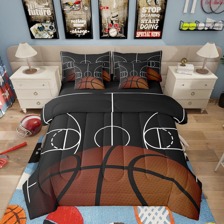 Erosebridal Basketball Twin Size Bedding Set Sports Games Comforter 7 Pieces Black Filed Sheet Set Ball Themed Bed Set Teen Bedroo Decoration