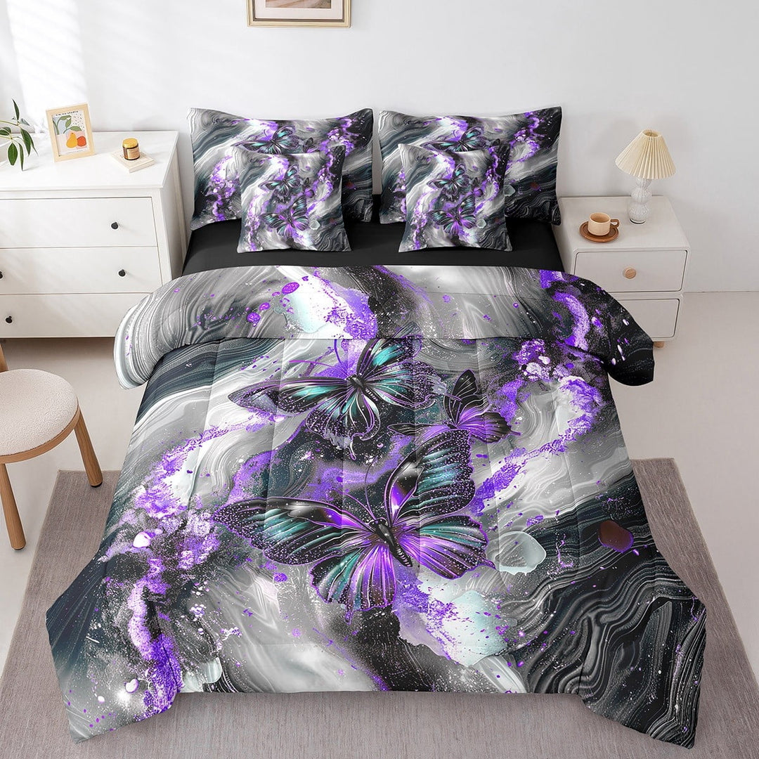 Black Marble Bed in a Bag Queen Comforter Set 7 Piece Teal Butterfly Bedding Sets,Purple Marbling Sheet Set Abstract Ombre Ink Fluid Art Bed Set,Rustic Animal Butterflies Room Decor Aesthetic