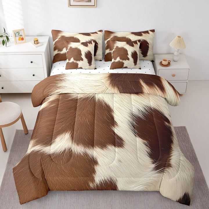 Cowhide Comforter Set 7 Piece Bed in a Bag Twin,Farm Animals Bedding Sets Bull Cattle Cow Print Sheet Set with Comforter Farmhouse Western Room Decor,Brown
