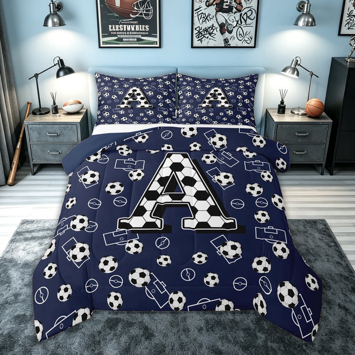 meiyoeat Soccer Letter A Full Size Comforter Sets for Boys, Ball Field Bedding Comforter Set for Bedroom, Navy Blue, Blue Reversible, 3 Pieces, 1 Comforter and 2 Pillowcases