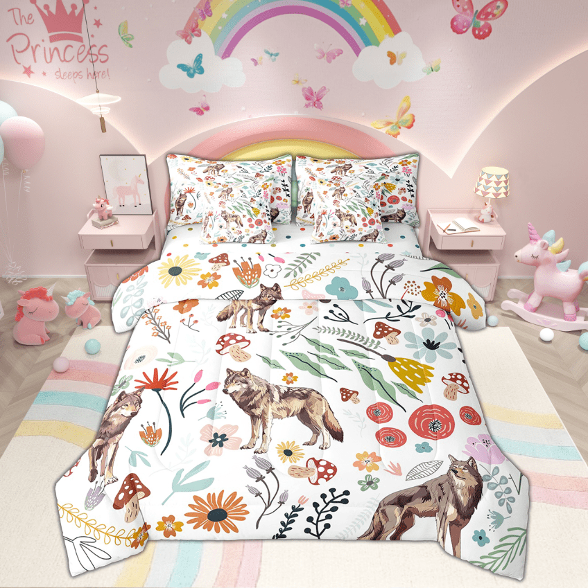 Cute Wolf Comforter Set 7 Piece Bed in a Bag Twin,Mushroom Floral Cartoon Animal Bedding Sets Watercolor Flowers Leaves Sheet Set with Comforter