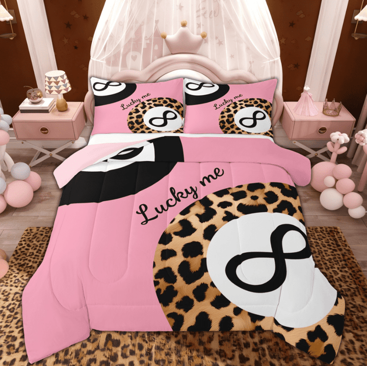 Manfei Fashion Cheetah Print Full Size Comforter Sets for Kids Girls, Cartoon Billiards Print Bedding Comforter Set, Pink Reversibles, 3pcs
